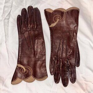 1940s Brown Leather Gauntlet Gloves with Embroidered Cuffs